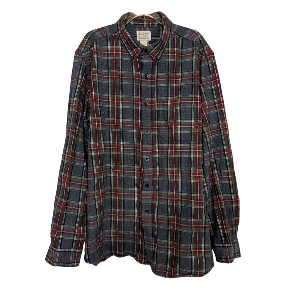 LL Bean Plaid Shirt Mens Size Large Traditional Fit Gray Flannel Cotton Casual